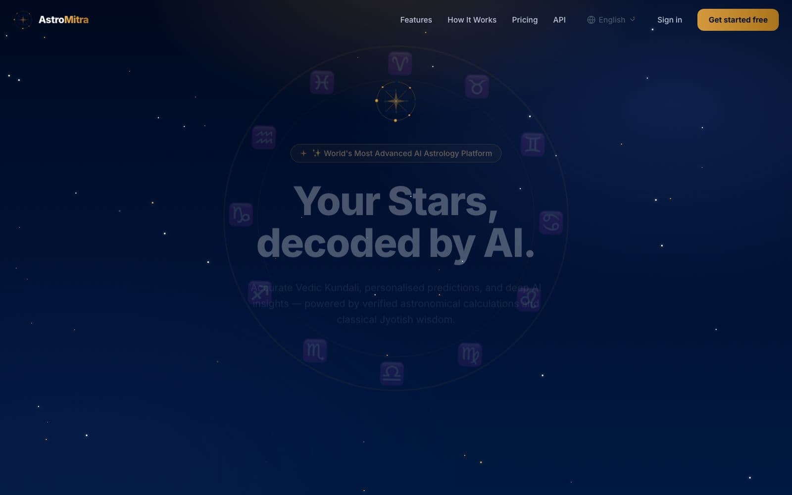 AstroMitra homepage offering AI-generated Vedic astrology readings
