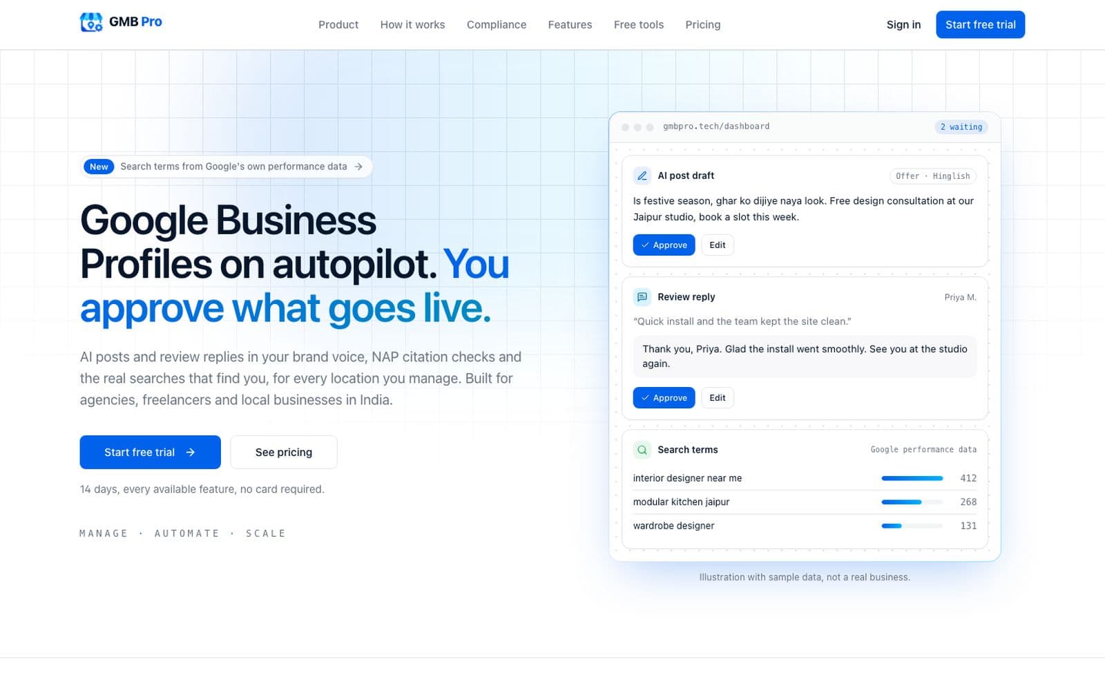 GMB Pro homepage showing Google Business Profile post and review automation