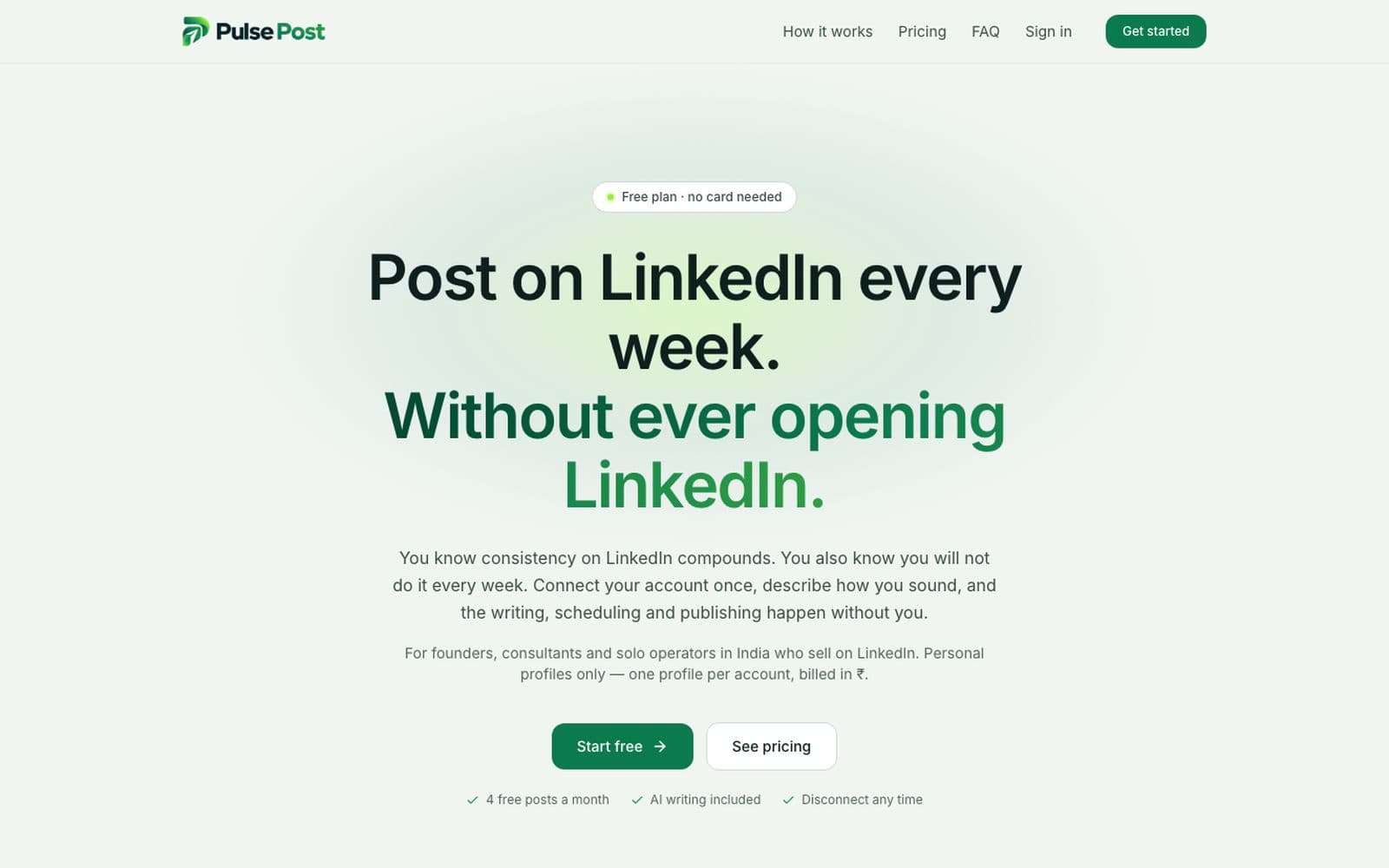 PulsePost homepage explaining automated LinkedIn publishing