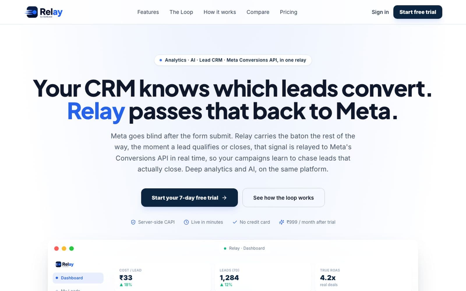 Relay homepage showing Meta Ads analytics and a lead CRM dashboard