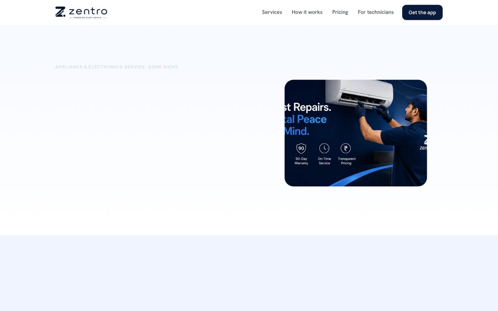 Zentro homepage offering doorstep appliance and electronics repair